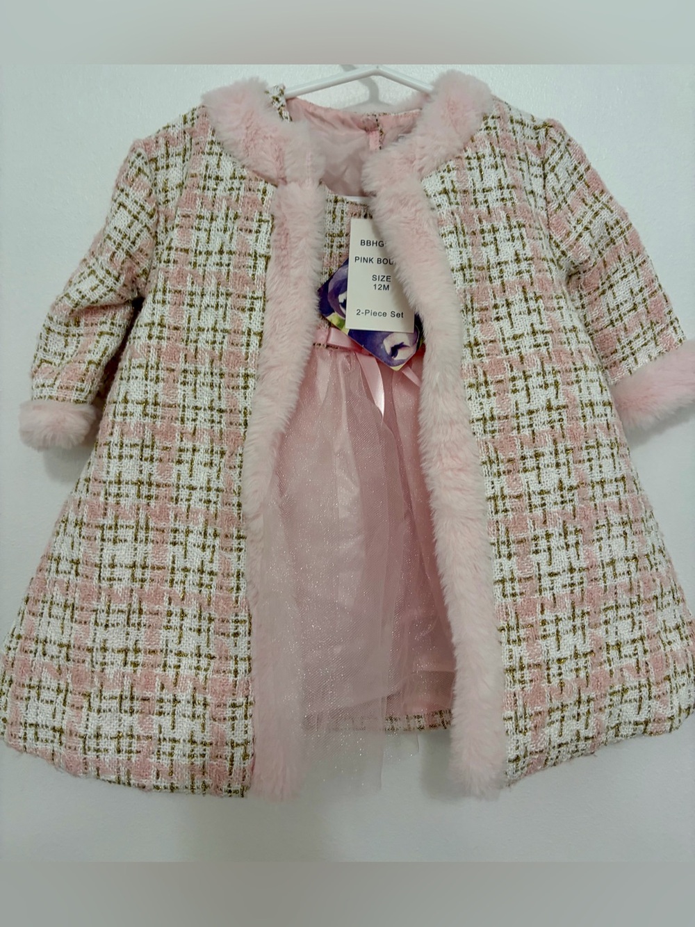 Blueberi Boulevard Pink Tweed Coat with Faux Fur Trim